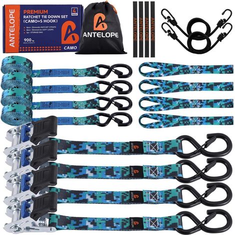 4er Set Spanngurte mit Ratsche und S-Haken, 25mm x 4m, Tarnblau