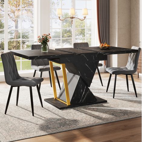 Table à manger extensible 110/140x80x76 cm noire avec effet marbre et rangement pour rallonge (1/5)