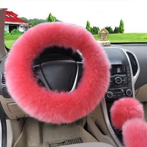 Housse de volant de voiture de frein à engrenage souple rose 3 pièces - ensemble manches en peluche automatique (1/3)