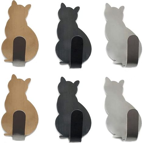 Lot de 6 crochets porte-serviettes en acier inoxydable pour petits chats, crochets muraux décoratifs pour la maison, la cuisine, la salle de bain (1/5)
