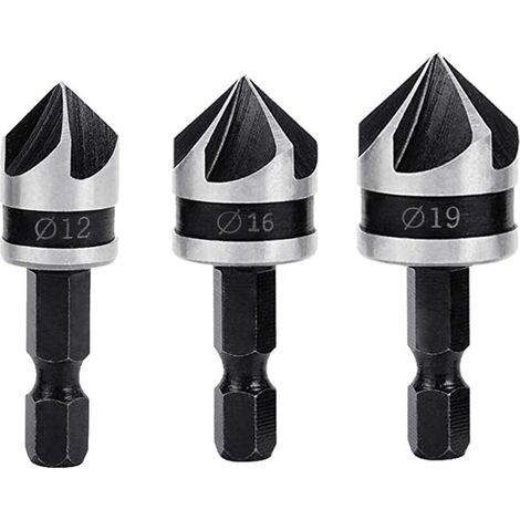 3-teiliges Set 90°-Fasenfräser, 5-schneidiger Kegelfräser für Walnussholz (12 mm/16 mm/19 mm), 1/4"-Sechskantbohrer für Holzbearbeitung, Fasenfräser aus Kohlenstoffstahl (1/4)