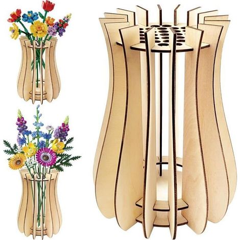Vase en bois design puzzle, peut contenir jusqu'à 33 bouquets, coloris bois naturel. (1/5)