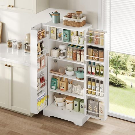 Meuble de cuisine blanc 60x35x128cm avec LED, étagères réglables et double porte (1/5)