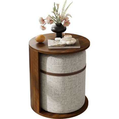 Table d'appoint ronde avec tabouret intégré, meuble 2-en-1 compact pour salon ou chambre, finition bois foncé, MDF et pin, style moderne - CHICFURN (1/5)