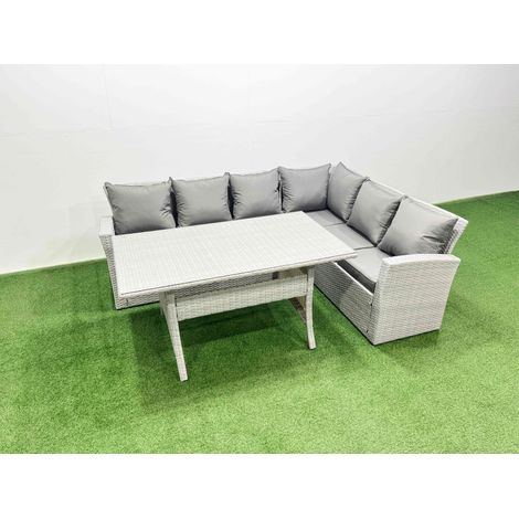 Fimous Rattan Garden Furniture Set Outdoor 6 Seater Patio Dining Corner Sofa Sets with Dining Table Light Grey Mixed (1/4)