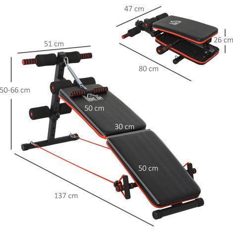 Banc abdos réglable et pliable, banc de sport multifonction avec élastiques, charge max 110 kg, acier robuste, noir/rouge, équipement d'entraînement à domicile. (1/5)