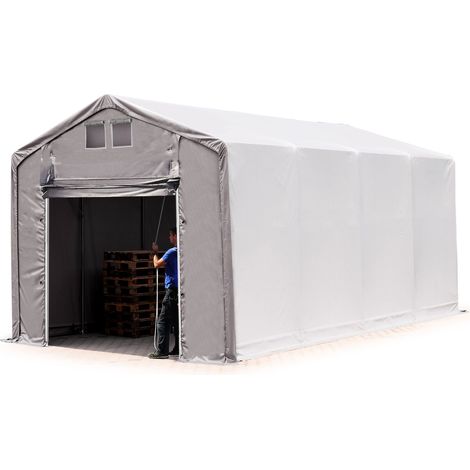 TOOLPORT Zelthalle 4x8 m Lagerzelt PRIMEtex 2300 robuste PVC Plane grau 3m Seitenhöhe mit Hochziehtor