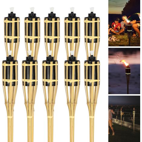 SWANEW Set di 10 torce da giardino. in bambù. con stoppino. illuminazione d'atmosfera. altezza: 90 cm. naturale (1/5)