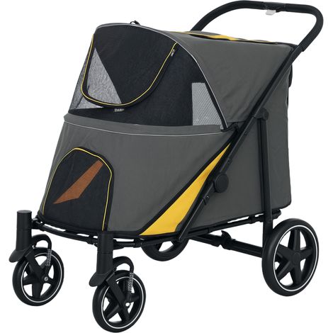 Poussette chien chariot chat 4 roues pliage un clic laisse sécurité charge 30 kg 112 x 65 x 100 cm gris foncé