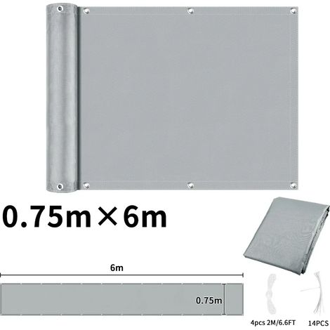 (Gris clair 75 x 600 cm) Toile pare-soleil imperméable perforée, pour balcon, terrasse ou jardin (brise-vue). (1/5)