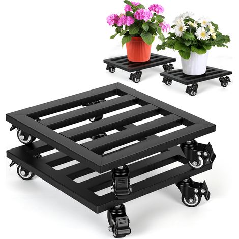Jiubiaz 2 piezas set soporte de plantas de metal 30 cm bandeja para plantas con ruedas capacidad de carga 160 kg 4 ruedas giratorias para interior exterior (1/5)