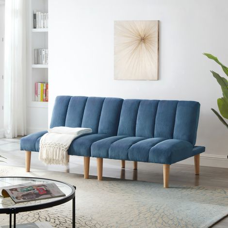 Divano letto 167 cm blu in velluto a coste con schienale reclinabile 3 posizioni e gambe in legno (1/5)