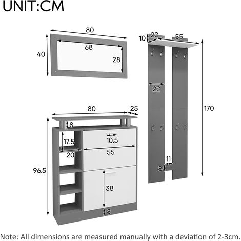 Ensemble de rangement mural 80 x 25 x 96,5 cm avec miroir, 2 panneaux, étagère murale et armoire à chaussures, corps gris anthracite mat, meuble d'entrée, porte-manteau mural, set de couloir complet. (1/5)