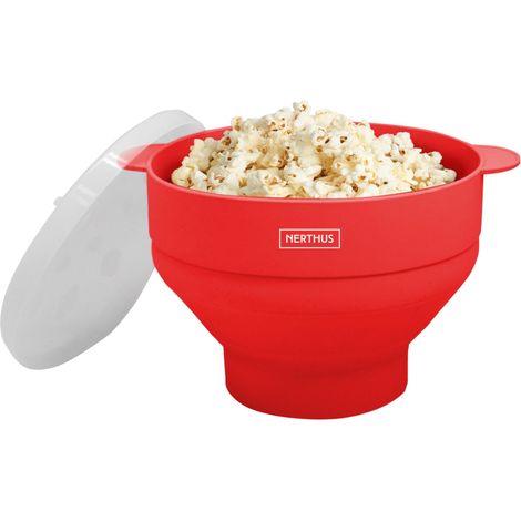 NERTHUS FIH 1232 Contenitore per popcorn. Palcorn per microonde con manici e coperchio. Realizzato in silicone di alta qualità. Pieghevole.