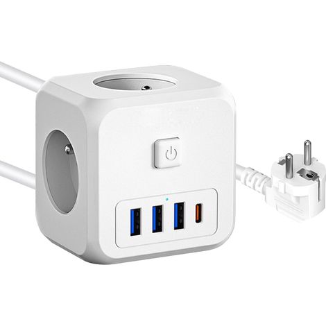 Multiprise Cube 7-en-1 avec Ports USB et 3 Prises AC, 4000W, Interrupteur et câble d'extension de 1,5 mètre. Multi Prise idéale pour la Maison, Le Bureau et Les Voyages (1/5)