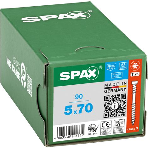 SPAX Vis terrasse, 5 x 70 mm, 90 pièces, Filetage de fixation, Tête cylindrique, T-STAR plus T25, Pointe CUT, Acier inoxydable A2 - 8000000288135