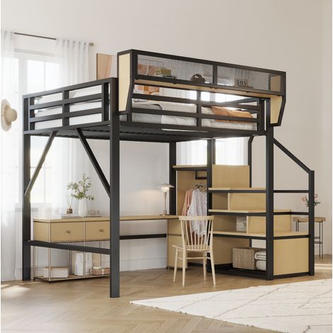 MEUBLIV Lit mezzanine 140x200 cm noir – echelle de securite, rangement, sans matelas (1/5)