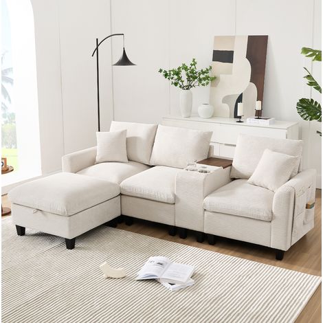 Modern L-Form Ecksofa, Umwandelbares Sofa mit Konsole, 2 Becherhaltern, USB Ladeanschlüssen, Armlehnen Aufbewahrungstasche und Kissen, Cord Stoff, Komfort Sofa für Wohnzimmer, Apartment, Kleine Räume (1/5)