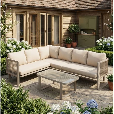 Ensemble de jardin en acier 6 places kaki avec table en verre (1/5)