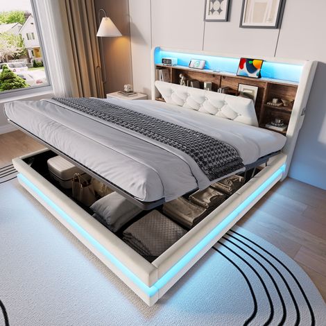 Cama canapé 140 x 200 cm de terciopelo con LED, 2 USB, puerto Type-C, beige HAVRYA (1/5)