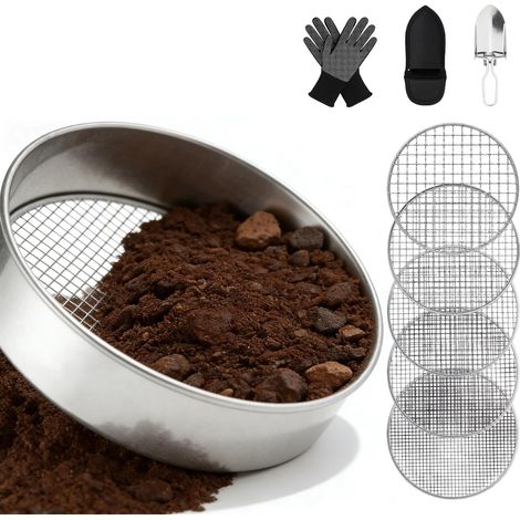 Tamis de Jardin en Acier Inoxydable 5 en 1 Ø 20 cm avec 5 Tamis Interchangeables 3/6/9/10/12 mm, Tamis à Compost Rond pour Terre, Sable, Compost, Semences avec Pelle et Gants (1/5)