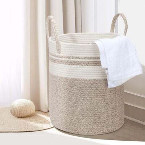 Panier à linge tressé en coton - 45 l - Avec anse - Panier à linge tressé - Panier de rangement pour chambre d'enfant, salle de bain - 35 x 40 cm - Beige + blanc