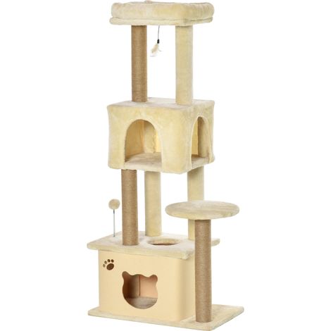 PawHut Albero Tiragraffi per Gatti Alto 136 cm con Lettino e Casette Beige