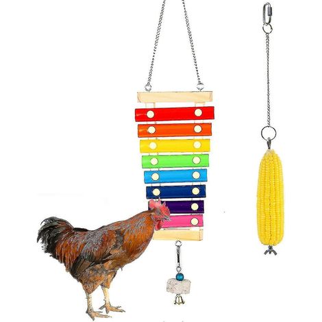 Ensemble de 2 pièces : poule, rhinocéros suspendu en bois à picorer, brochettes de légumes, étagère à fruits, mangeoire suspendue pour poules avec 8 clés métalliques, Ya (1/4)