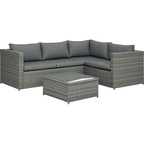 Outsunny 3 Pieces PE Rattan Garden Furniture Set with 10 cm Thick Cushions, 4 Seater Garden Corner Sofa Set with Glass Top Coffee Table, Outdoor Furniture for Patio, Porch, Grey