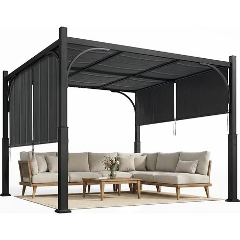 Pergola de jardin 3 x m tonnelle avec auvent coulissant structure métallique pour extérieur gris foncé (1/5)