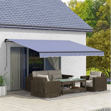 Toldo extensible mural 4 x 3 m con manivela, protección UV30+, azul y blanco OKMYHOME (1/5)