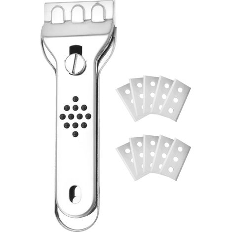 Grattoir en acier inoxydable, couteau de nettoyage avec 10 lames de rechange, grattoir à vitres pour fenêtres, carrelage, verre et miroirs (1/5)
