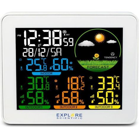Station météo multi-capteurs blanche – Affichage rétroéclairé – Prévisions météo 12-24h – Alimentation par batterie – Explore Scientific