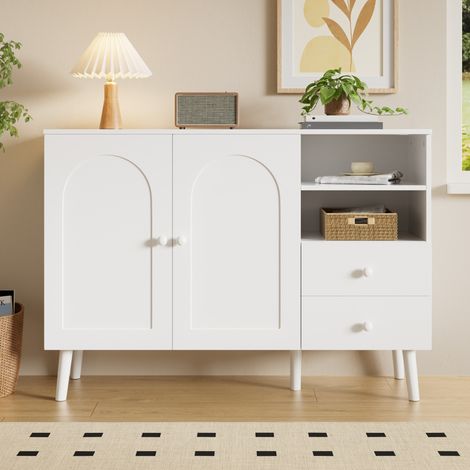 Buffet - Rangement - 118x35x82 cm - 2 portes 2 tiroirs 2 niches ouvertes - PB et MDF - Blanc (1/5)