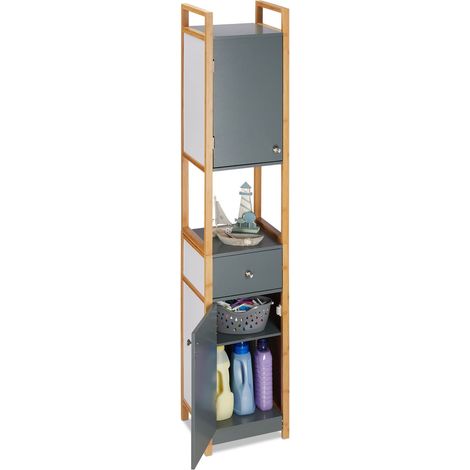 Relaxdays Hochschrank Bad, Badregal, Badezimmerschrank, 2-türig, aus MDF, mit Bambusrahmen, HBT 165 x 31,5 x 29 cm, grau