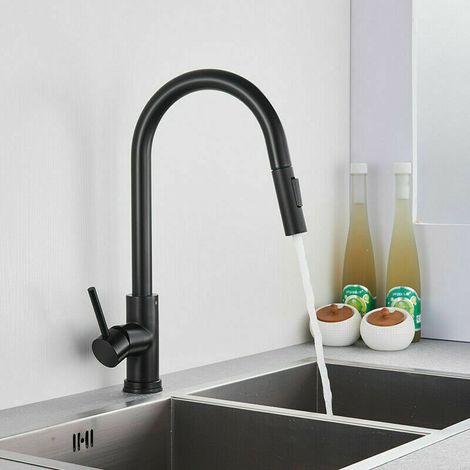 Extendable kitchen faucet with 2 spray patterns, high arc kitchen mixer tap with pull-out spray, 360° swivel, easy installation, black (1/4)