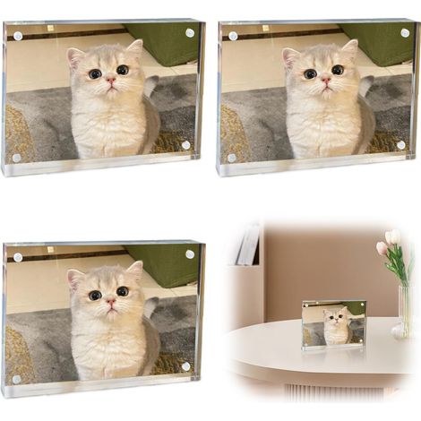 Lot de 3 cadres photo magnétiques en acrylique - 10 x 15 cm - Sans cadre - Double face - Transparent - Support magnétique - 5 mm d'épaisseur - Pour bureau (1/5)