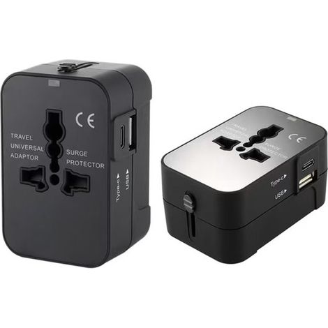 Adattatore globale universale con porte USB-C e USB, 8 pin - Adattatore da viaggio - Spina USB - Adattatore da viaggio internazionale per oltre 150 paesi - Nero