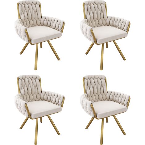 Lot de 4 chaises pivotantes velours beige - Pieds métal - Salon/chambre - Design luxe et moderne - Confort premium