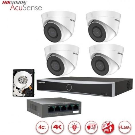 KIT Videosorveglianza IP Hikvision Acusense Nvr 4 canali 4K 4 telecamere dome 2 mpx ir 30mt hdd 1 TB