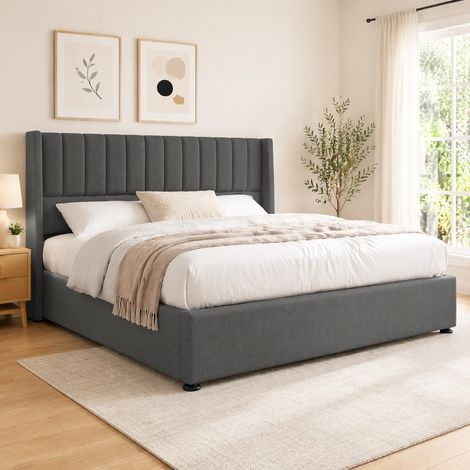 Cama con arcón 180x200 cm con elevación hidráulica y cabecero tapizado, gris DESVIAE (1/5)