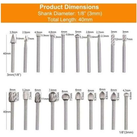 Ce coffret de 20 limes rotatives en acier rapide au tungstène possède une tige de 3 mm de diamètre et est compatible avec les outils rotatifs Dremel. Il convient au travail du bois, à la sculpture, à (1/5)