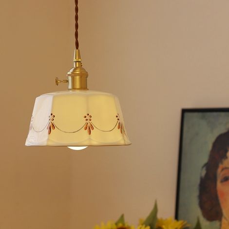 Lustre en céramique émaillée, petite suspension avec ampoule, lampe suspendue peinte à la main, plafonnier rétro, φ16 cm, lumière chaude 3000 K (1/5)