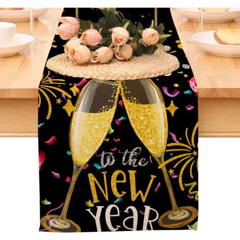 Chemin de table « Bonne année », nappe noire et or à pois et étoiles, décoration pour la maison et la cuisine, ambiance champêtre, linge de table en toile de jute pour les fêtes d'hiver 2026