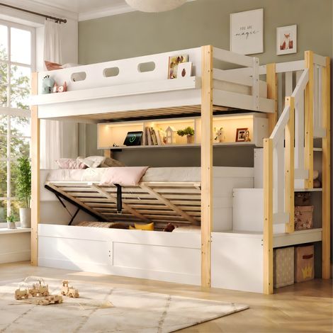 Cama litera 90x200+90x200 cm, con cama inferior elevable, escalera con almacenaje, madera de pino y MDF, blanca (1/5)