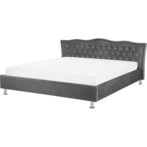 Cama con somier de terciopelo gris oscuro 180 x 200 cm cabecero botones Metz