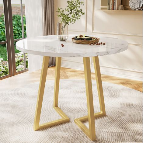 Runder Esstisch (1 Stück), Küchentisch, einzigartiges Metallgestell, Esstisch aus modernem Marmormuster, geeignet für Esszimmer, Wohnzimmer, Weiß/Gold (1/4)