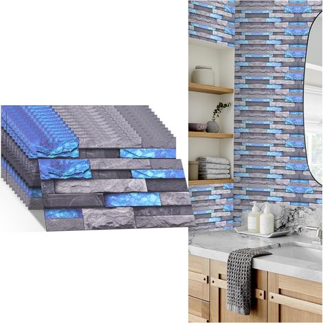 Autocollants carrelage cuisine, PVC épaissi, protège-mur, 30x15cm, 12 feuilles, calcaire bleu. (1/5)