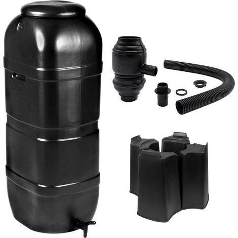 Récupérateur d'eau de pluie 100 litres – Forme colonne – Traité anti-UV – Connecteur adaptable pour gouttières Ø48 à 85 mm – Fabriqué en Europe – Noir – Nature (1/4)