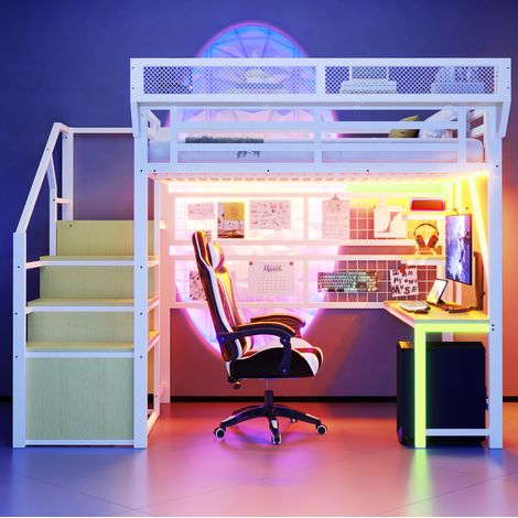 DESVIAE Lit mezzanine 140 x 200 cm en métal avec bureau étagères filet de rangement échelle de sécurité LED prises garde corps surélevé blanc (1/5)